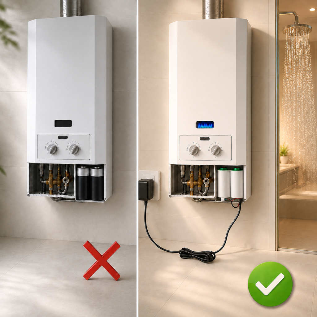المحوّل الكهربائي الذكي لسخان الماء بالغاز – البديل العملي لبطاريات D ‏(1.5V / 3V)