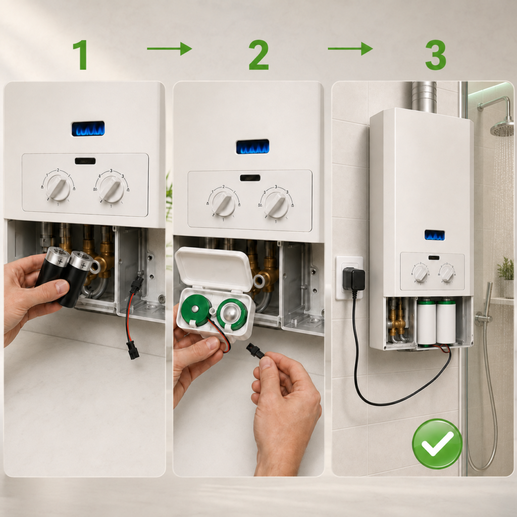 المحوّل الكهربائي الذكي لسخان الماء بالغاز – البديل العملي لبطاريات D ‏(1.5V / 3V)